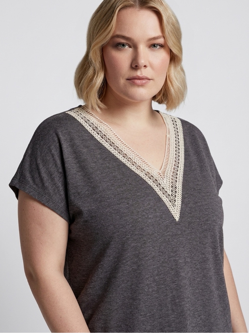 MELROSETTY Charcoal V-Neck Crochet Trim Tunic